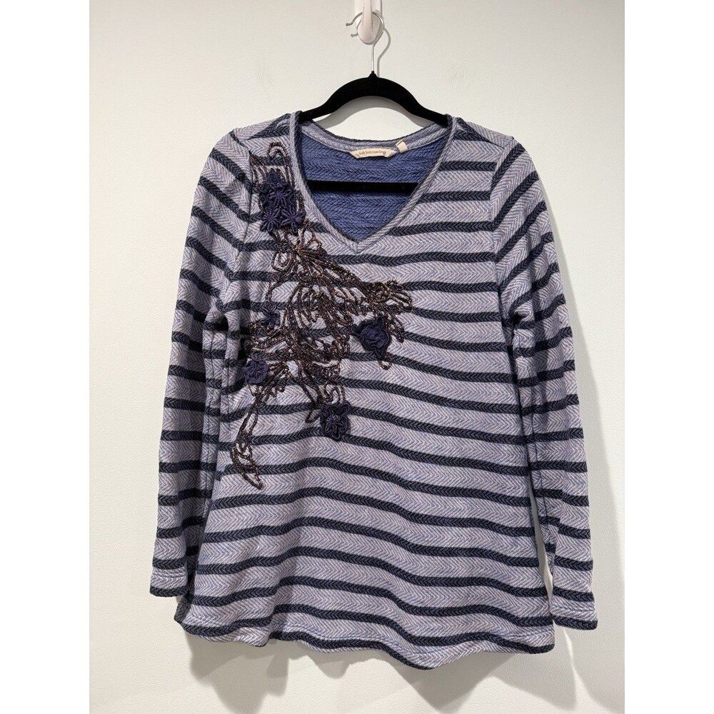 Soft Surroundings Syrah Top Medium Striped Floral Crochet Knit Coastal Travel